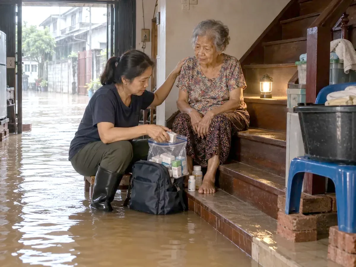 น้ำท่วมบ้าน ลูกสาวเตรียมยาใส่ถุงกันน้ำก่อนพาคุณแม่มาพัก ศูนย์ฟื้นฟูคิน KIN | Preparing medicines before flood evacuation