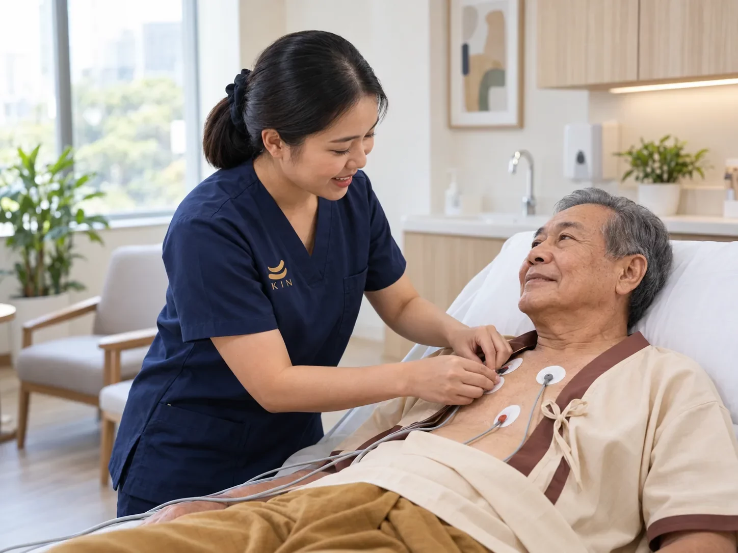 พยาบาลชุดกรมท่าติดขั้วตรวจคลื่นไฟฟ้าหัวใจให้ชายสูงอายุที่นอนบนเตียงตรวจ ศูนย์ฟื้นฟูคิน KIN