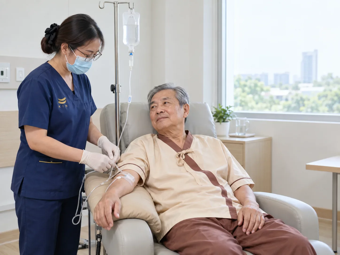 พยาบาลวิชาชีพดูแลการให้ Brain Booster ทางหลอดเลือดดำแก่ผู้สูงอายุหลังโรคหลอดเลือดสมอง ศูนย์ฟื้นฟูคิน KIN (ภาพประกอบ)