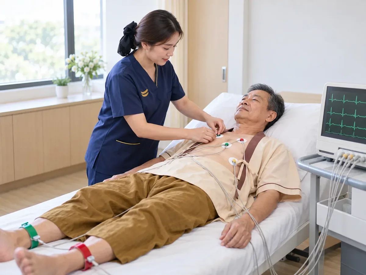 พยาบาล KIN ติดขั้วตรวจคลื่นไฟฟ้าหัวใจ EKG ให้ผู้ป่วยชายก่อนประเมินเรื่อง EECP พยาบาล KIN ติดขั้วตรวจคลื่นไฟฟ้าหัวใจ EKG ให้ผู้ป่วยชายก่อนประเมินเรื่อง EECP