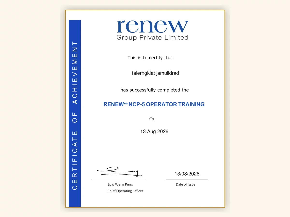 ใบรับรอง RENEW NCP-5 Operator Training ออกให้ น.อ.นพ. เถลิงเกียรติ แจ่มอุลิตรัตน์ วันที่ 13 สิงหาคม 2569 โดย Renew Group Private Limited ใบรับรอง RENEW NCP-5 Operator Training ออกให้ น.อ.นพ. เถลิงเกียรติ แจ่มอุลิตรัตน์ วันที่ 13 สิงหาคม 2569 โดย Renew Group Private Limited