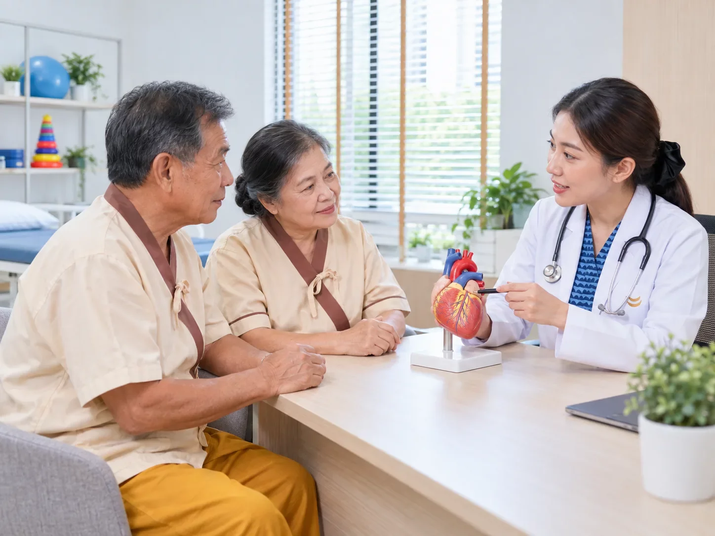 แพทย์กาวน์ขาวอธิบายเรื่องหัวใจให้คู่สามีภรรยาสูงอายุฟังโดยชี้หุ่นจำลองหัวใจบนโต๊ะ ศูนย์ฟื้นฟูคิน KIN
