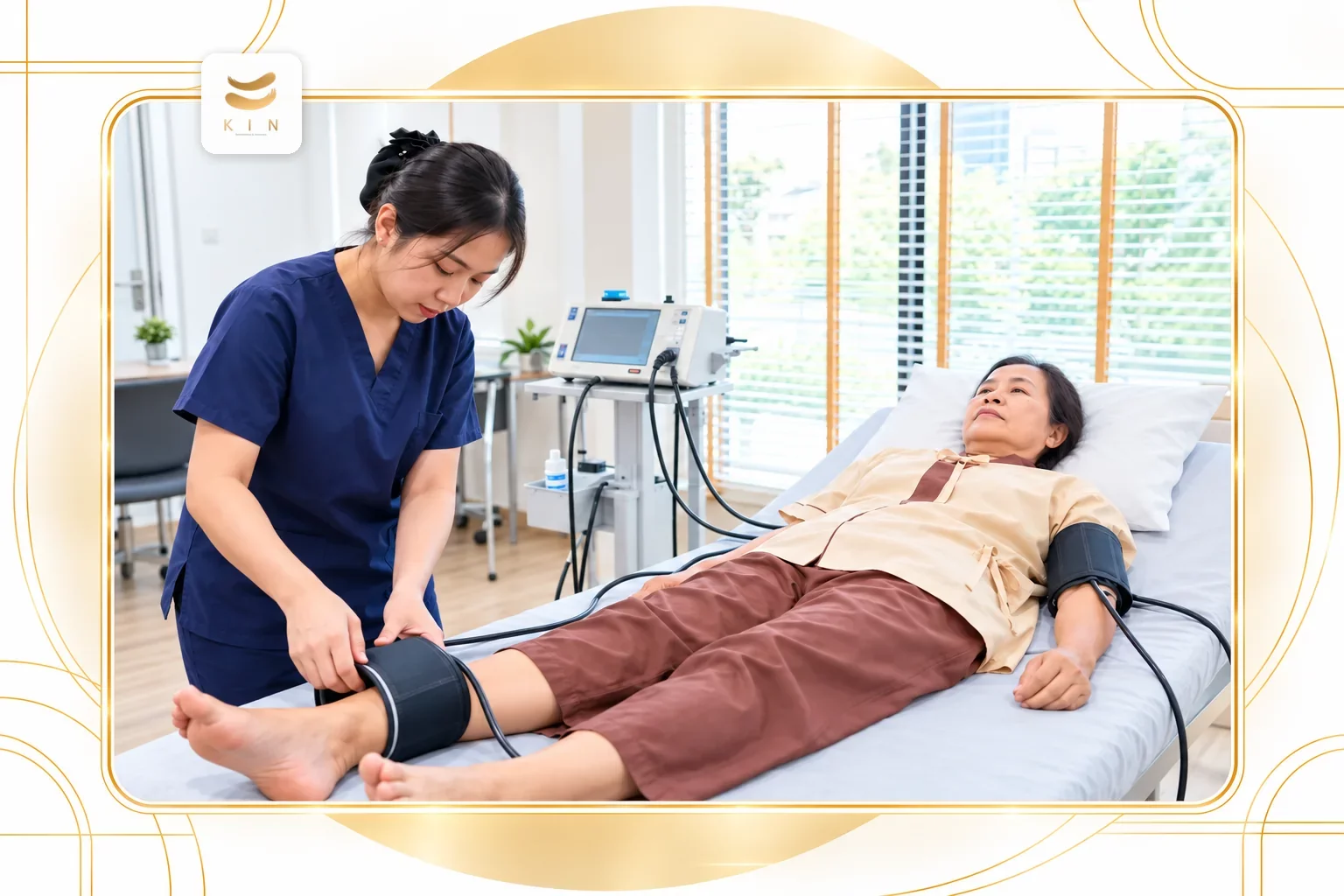 การตรวจ ABI วัดหลอดเลือดแดงส่วนปลายที่ข้อเท้า — ประกอบหัวข้อ “วัดผลอย่างไรว่าได้ผลจริง” · ภาพประกอบจากภาพจริงของ KIN Rehabilitation