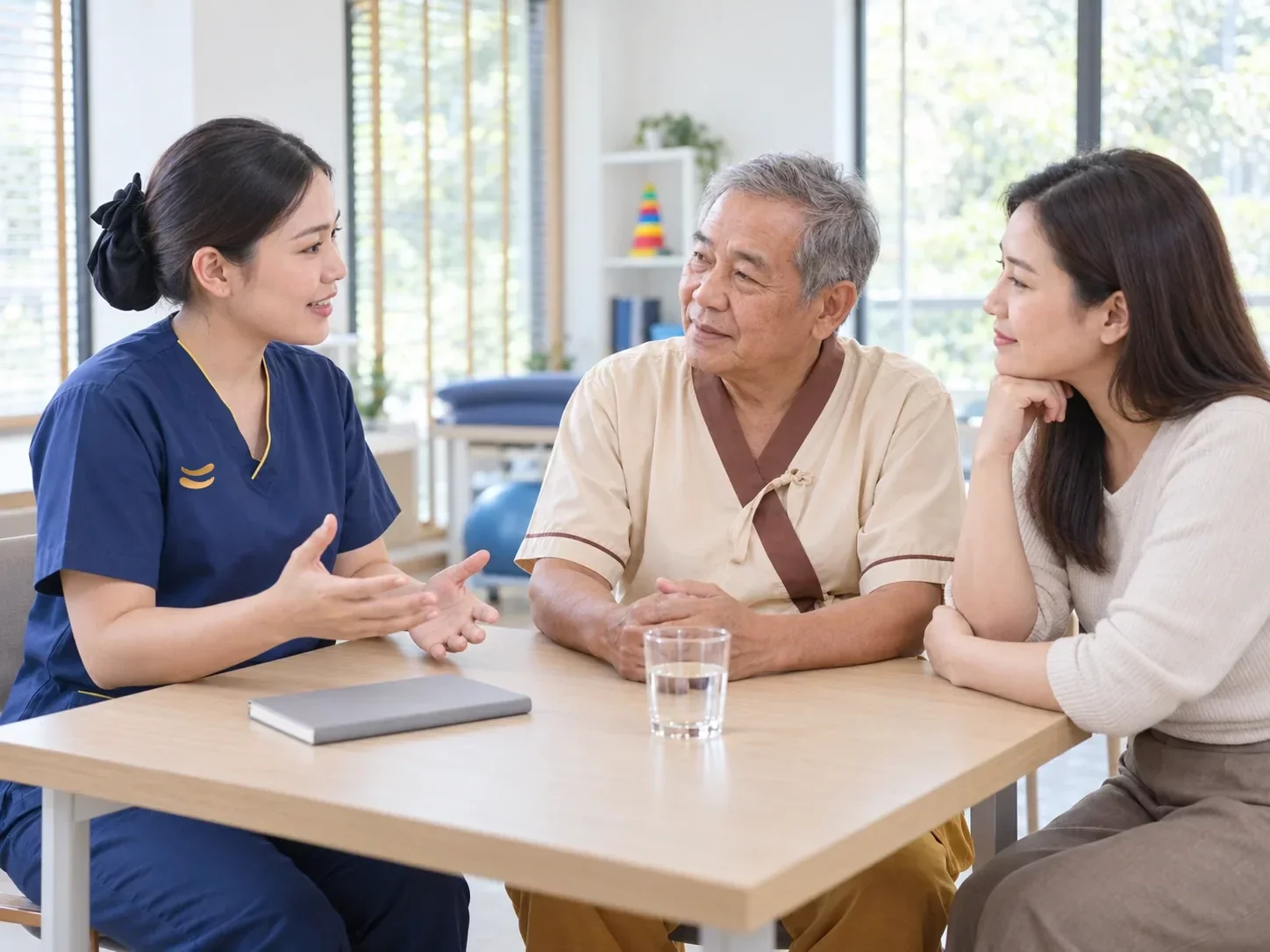 พยาบาลนั่งอธิบายเรื่องเบาหวานกับความเสี่ยงสโตรกให้ชายสูงอายุและลูกสาวฟังที่โต๊ะในห้องสว่าง ศูนย์ฟื้นฟูคิน KIN