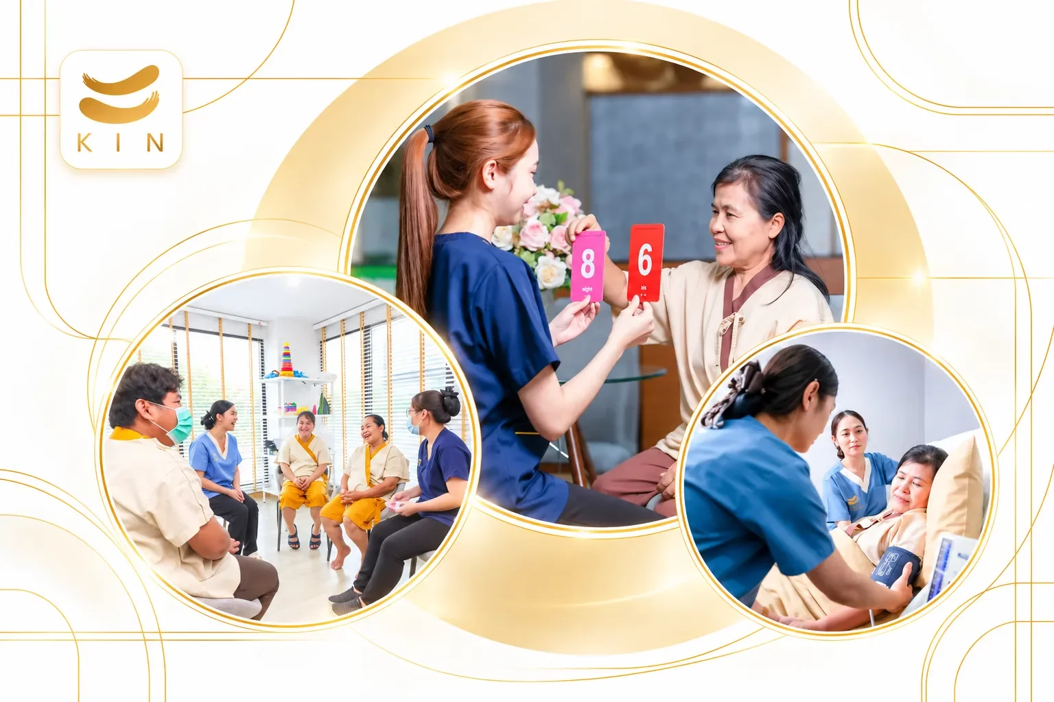 1. What Is the Golden Period? — The Clearest Definition | Illustration made from real KIN photos: One-on-one therapy · Group occupational therapy · Bedside nursing care