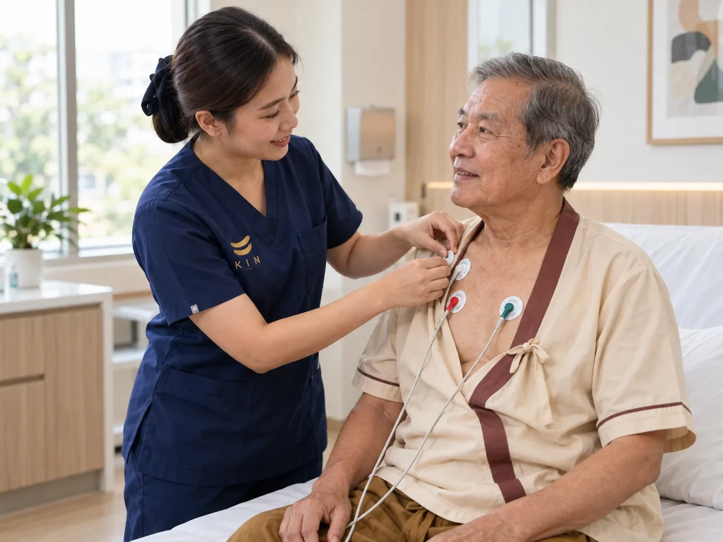 พยาบาลติดแผ่นตรวจคลื่นหัวใจที่หน้าอกชายสูงอายุบนเตียงตรวจ ศูนย์ฟื้นฟูคิน KIN พยาบาลติดแผ่นตรวจคลื่นหัวใจที่หน้าอกชายสูงอายุบนเตียงตรวจ ศูนย์ฟื้นฟูคิน KIN