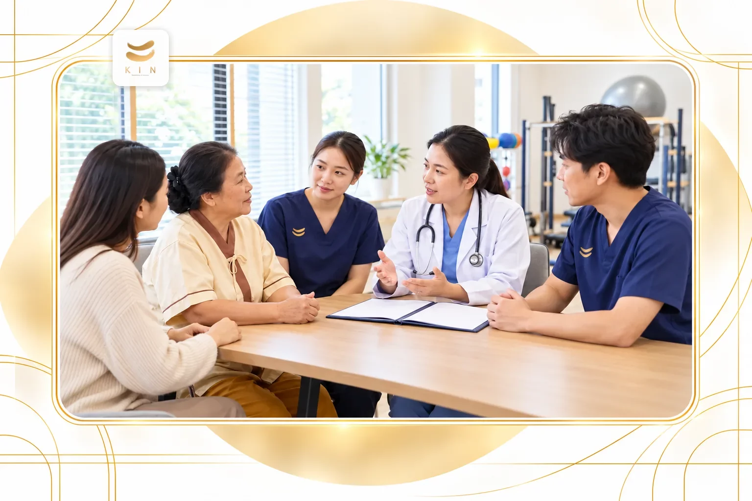 แพทย์และทีมสหวิชาชีพอธิบายผลตรวจหลอดเลือดให้ครอบครัว — ประกอบหัวข้อ “วิสัยทัศน์และพันธกิจ KIN” · ภาพประกอบจากภาพจริงของ KIN Rehabilitation แพทย์และทีมสหวิชาชีพอธิบายผลตรวจหลอดเลือดให้ครอบครัว — ประกอบหัวข้อ “วิสัยทัศน์และพันธกิจ KIN” · ภาพประกอบจากภาพจริงของ KIN Rehabilitation
