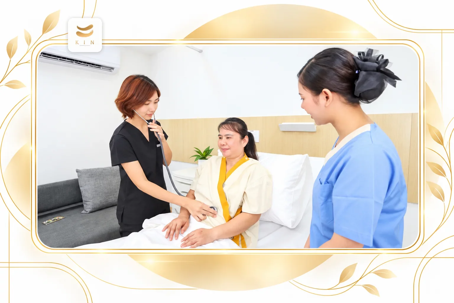 KIN elderly care - nurses and caregivers caring for a resident in bed - illustration from a real KIN photo