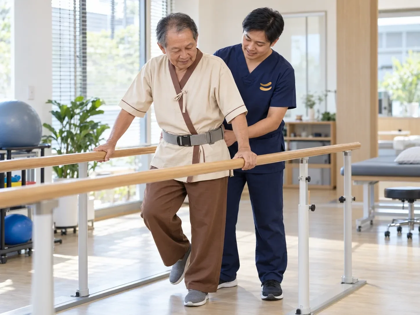 ชายสูงอายุยืนจับราวไม้ในห้องฝึกที่สว่าง ถ่ายน้ำหนักไปขาข้างเดียวอย่างระมัดระวัง นักกายภาพบำบัดยืนประกบด้านหลังพร้อมเข็มขัดพยุง ศูนย์ฟื้นฟูคิน KIN