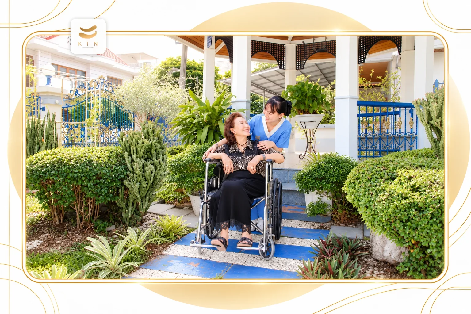 ทีม KIN HomeCare พาผู้สูงอายุนั่งรถเข็นทำกิจกรรมในสวนบ้าน Home Care Wheelchair Outdoor Activity Bangkok ศูนย์ฟื้นฟูคิน KIN
