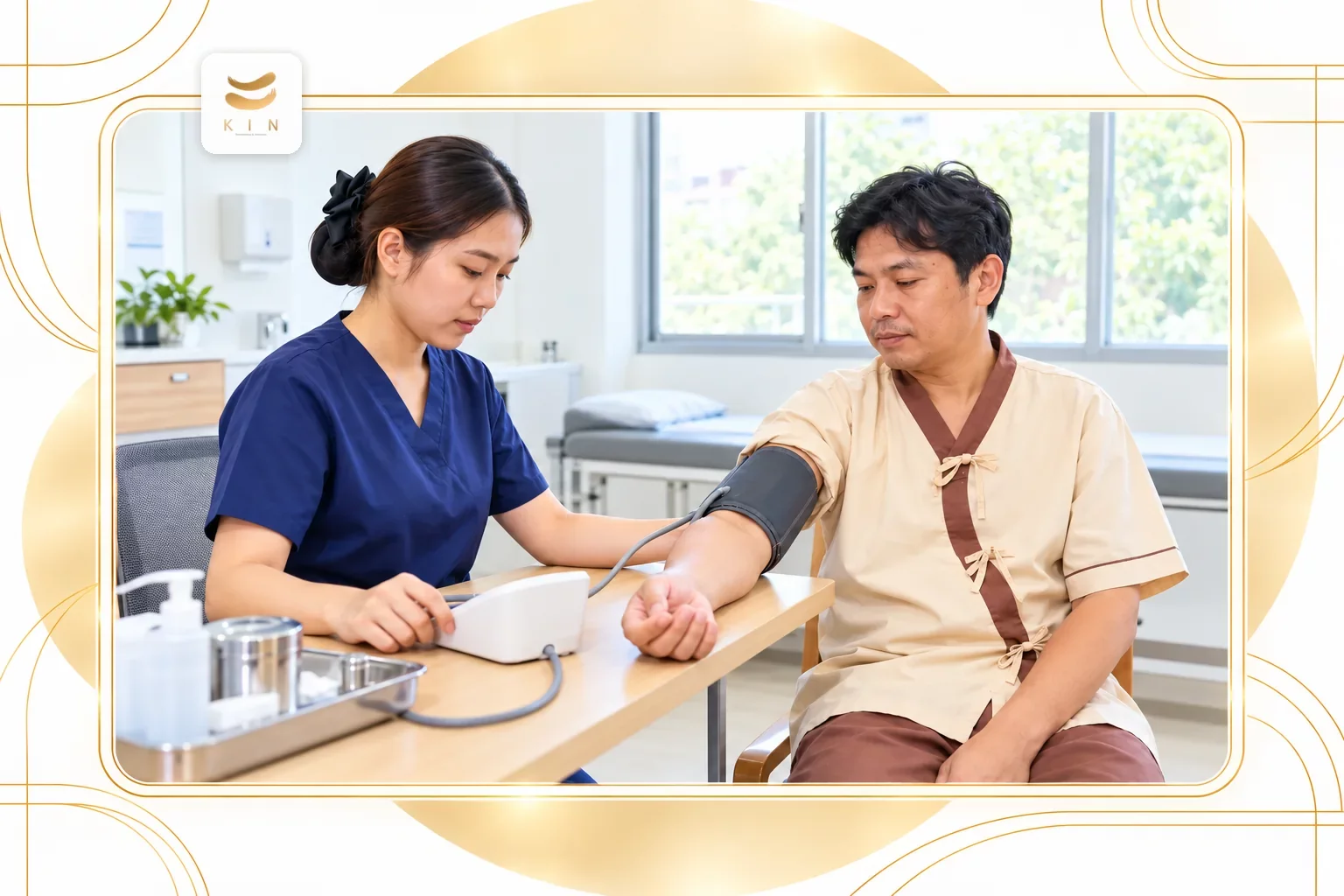 แพทย์วัดความดันโลหิตและประเมินปัจจัยเสี่ยงหลอดเลือด — ประกอบหัวข้อ “4 ระยะที่หลอดเลือดเดินผ่านโดยไม่มีอาการ” · ภาพประกอบจากภาพจริงของ KIN Rehabilitation