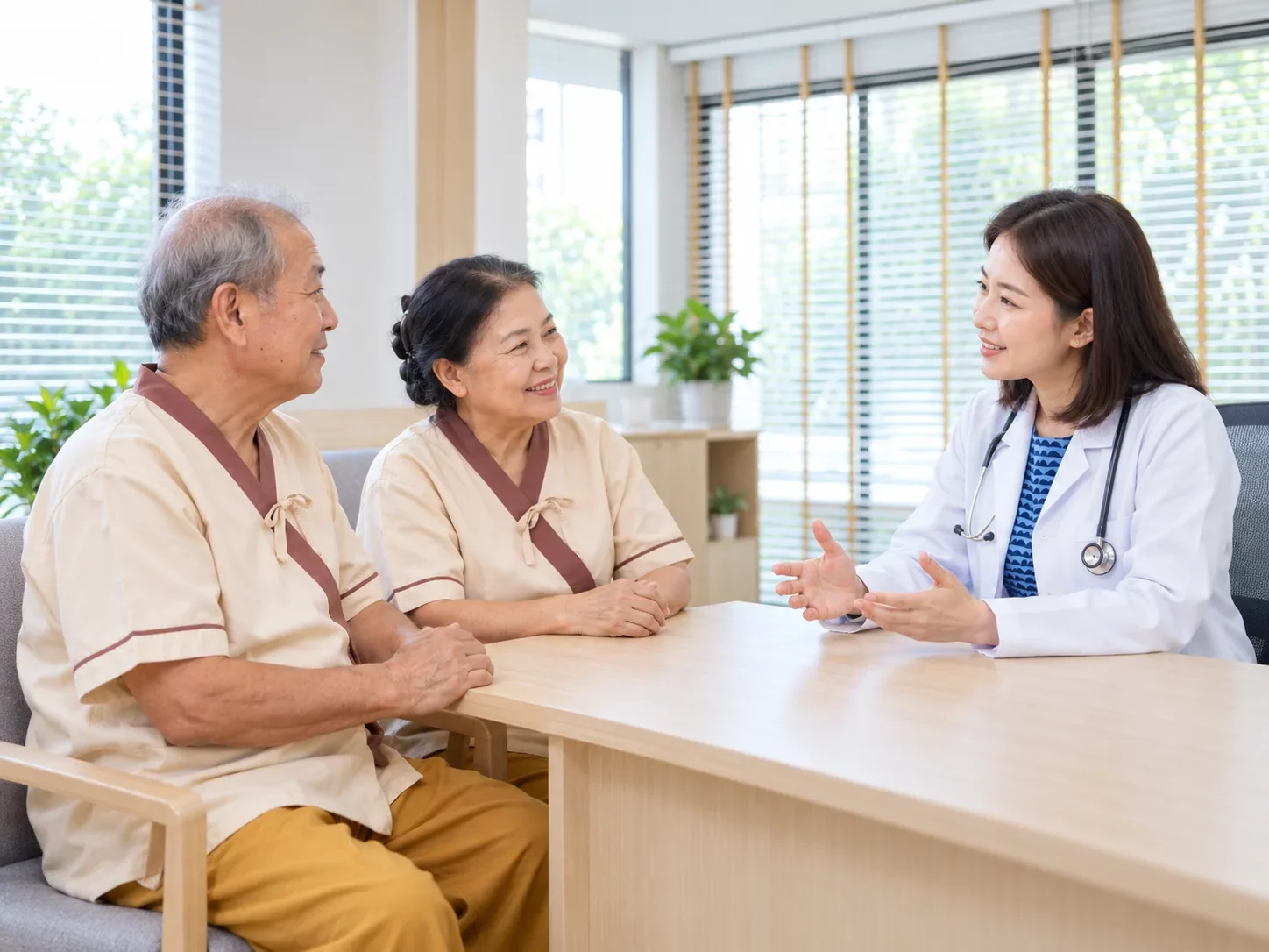 แพทย์หญิงไทยนั่งคุยกับชายสูงอายุและภรรยาในห้องตรวจสว่าง อธิบายข้อมูลวัคซีนด้วยท่าทีเป็นกันเอง ศูนย์ฟื้นฟูคิน KIN แพทย์หญิงไทยนั่งคุยกับชายสูงอายุและภรรยาในห้องตรวจสว่าง อธิบายข้อมูลวัคซีนด้วยท่าทีเป็นกันเอง ศูนย์ฟื้นฟูคิน KIN