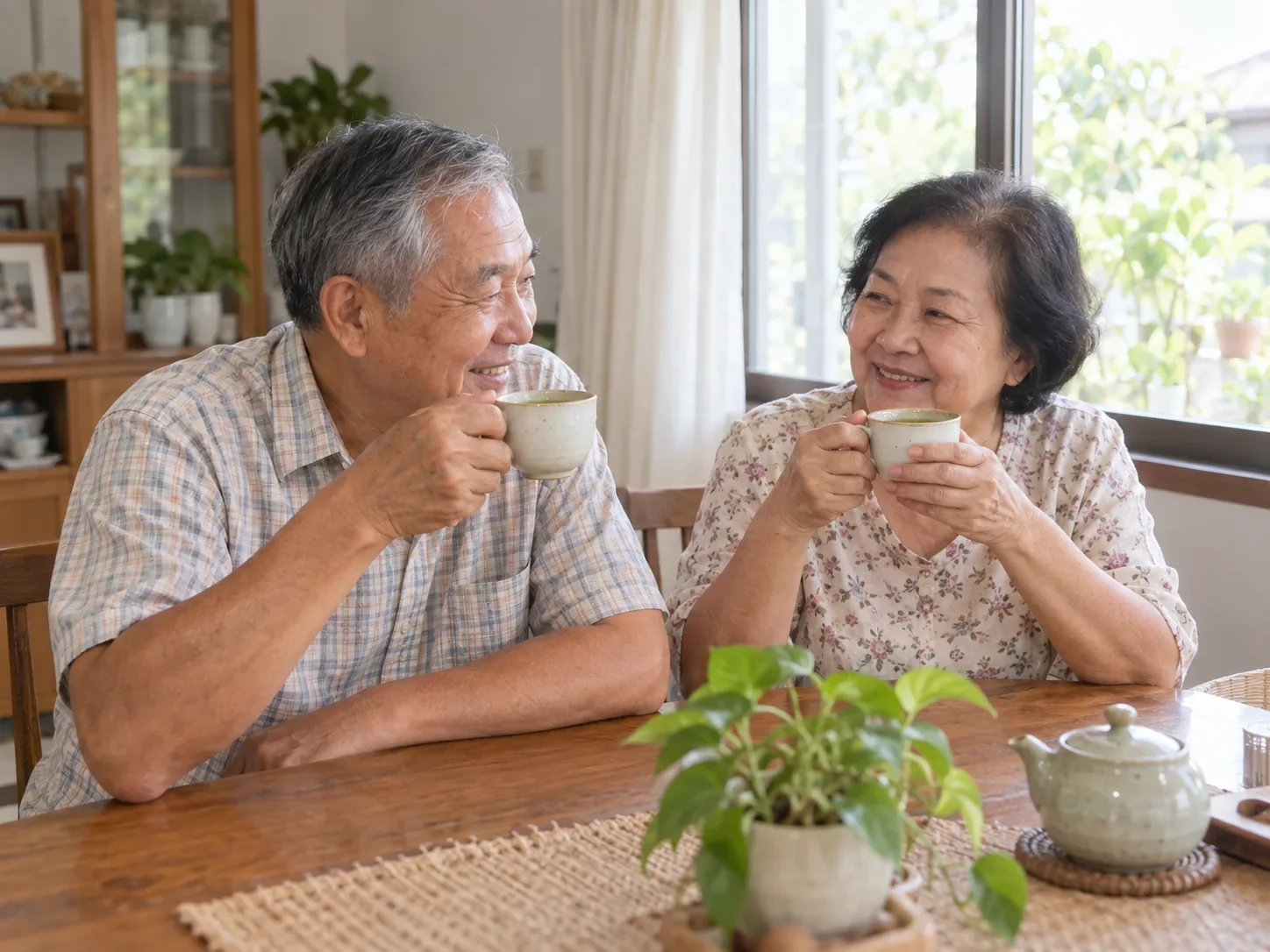 คู่สามีภรรยาสูงอายุนั่งจิบชาเขียวร้อนในถ้วยเซรามิกที่โต๊ะริมหน้าต่างในบ้านตอนสาย บรรยากาศผ่อนคลาย ศูนย์ฟื้นฟูคิน KIN