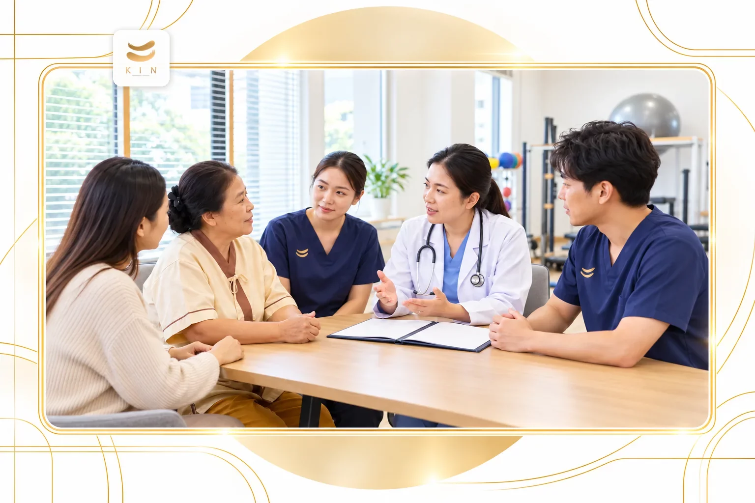แพทย์และทีมสหวิชาชีพอธิบายผลตรวจหลอดเลือดให้ครอบครัว — ประกอบหัวข้อ “ทีมสหวิชาชีพของคินทำงานอย่างไร” · ภาพประกอบจากภาพจริงของ KIN Rehabilitation