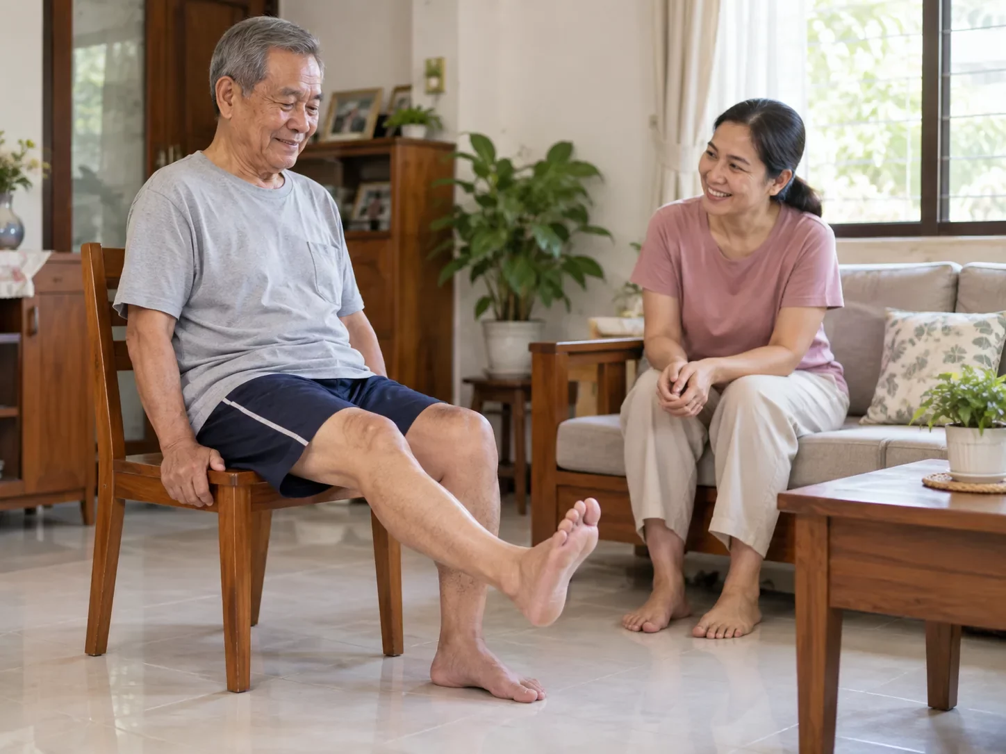 ชายสูงอายุนั่งเก้าอี้เหยียดเข่าที่บ้าน ศูนย์ฟื้นฟูคิน KIN