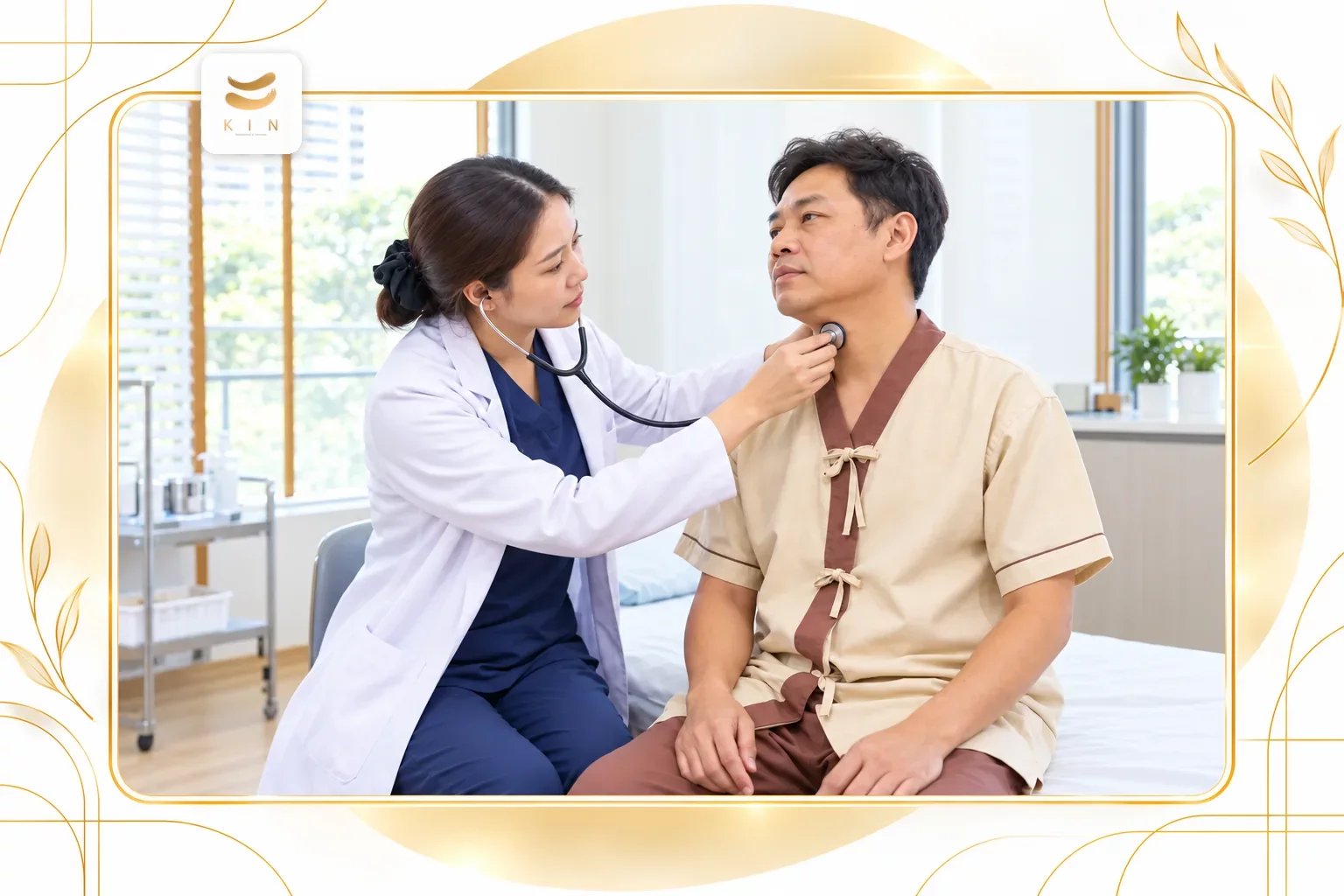 แพทย์ตรวจประเมินและอธิบายผลตรวจหลอดเลือดให้ผู้เข้ารับบริการฟังในวันเดียวกัน แพทย์ตรวจประเมินและอธิบายผลตรวจหลอดเลือดแก่ผู้เข้ารับบริการ doctor explains vascular screening result ศูนย์ฟื้นฟูคิน KIN