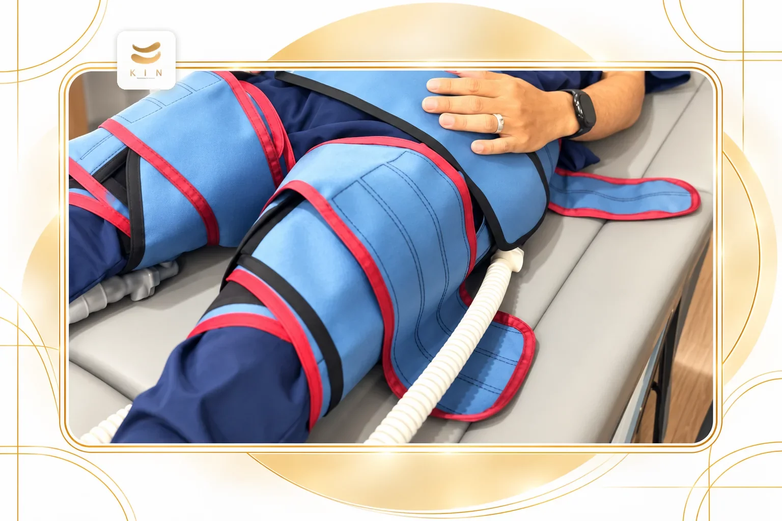 ปลอกลม EECP pneumatic cuffs รัดน่องและต้นขาบีบเป็นจังหวะตามการเต้นของหัวใจ enhanced external counterpulsation ศูนย์ฟื้นฟูคิน KIN
