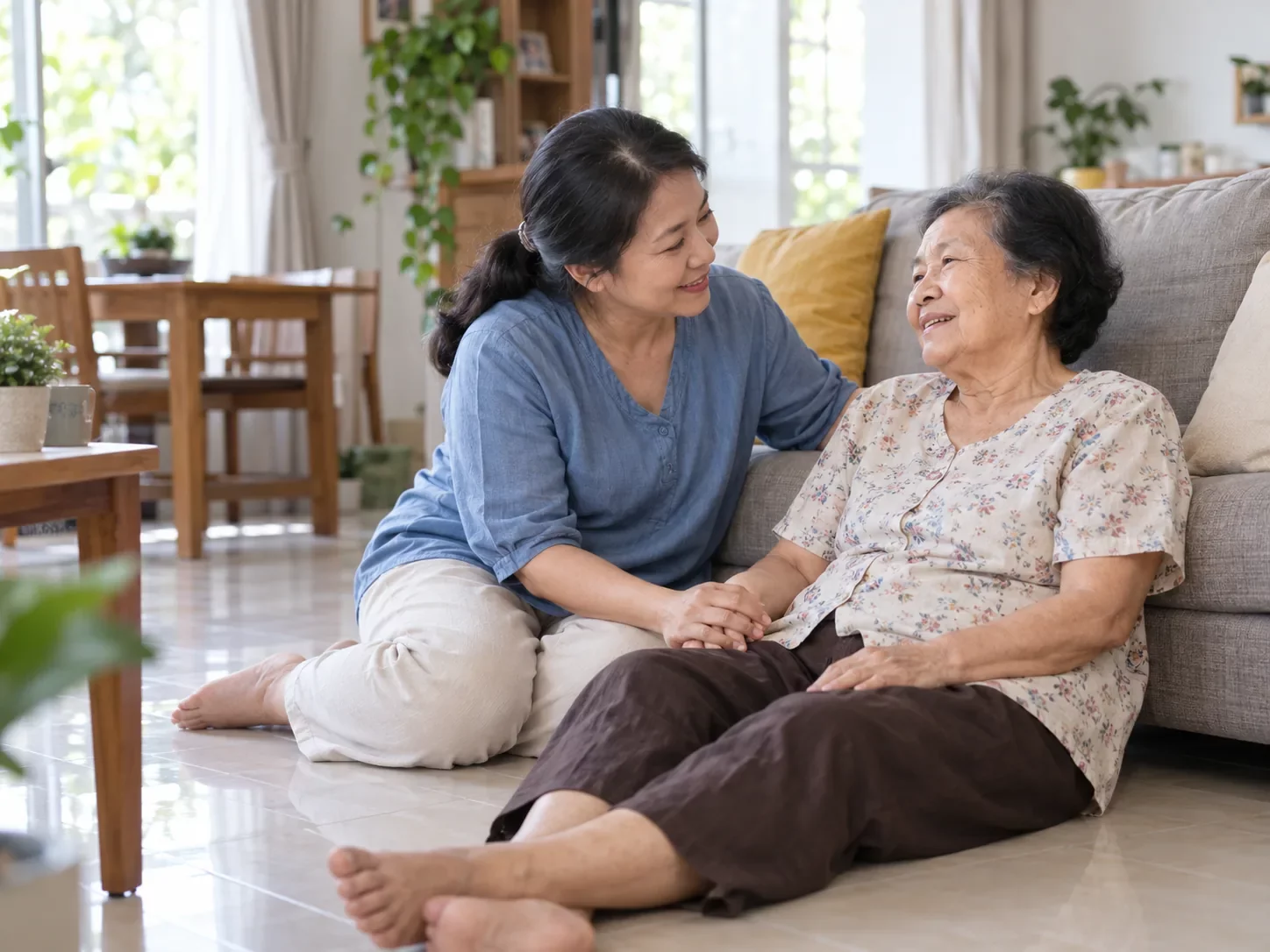 ลูกสาวคุกเข่าจับมือแม่สูงวัยที่นั่งบนพื้น พูดคุยอย่างใจเย็น ศูนย์ฟื้นฟูคิน KIN