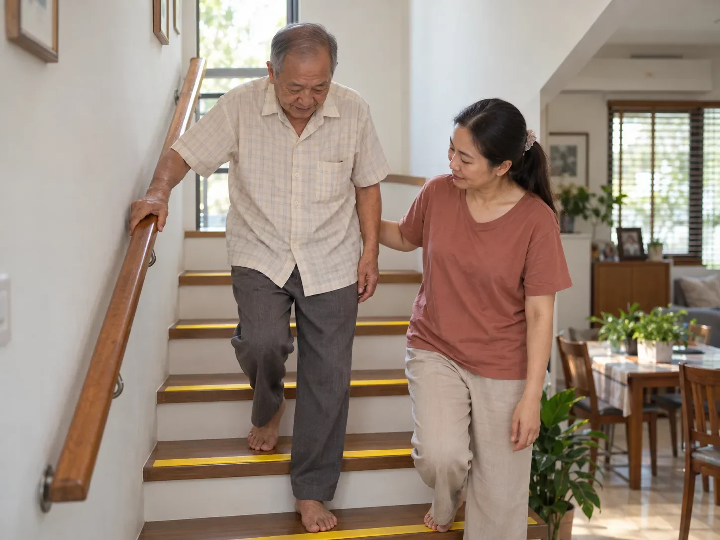 ชายสูงอายุไทยเดินลงบันไดในบ้านโดยจับราว ลูกสาวเดินประกบข้าง บันไดมีไฟส่องสว่างทั่วถึงและขอบขั้นมีแถบสีเห็นชัด ศูนย์ฟื้นฟูคิน KIN ชายสูงอายุไทยเดินลงบันไดในบ้านโดยจับราว ลูกสาวเดินประกบข้าง บันไดมีไฟส่องสว่างทั่วถึงและขอบขั้นมีแถบสีเห็นชัด ศูนย์ฟื้นฟูคิน KIN