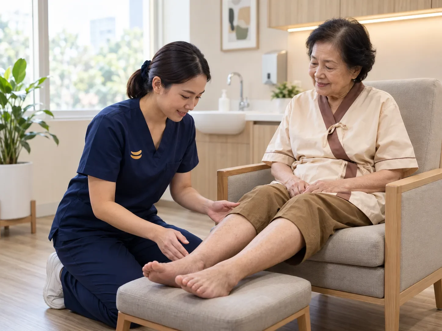 พยาบาลนั่งคุกเข่าดูขาของหญิงสูงอายุที่ยกขาวางบนเก้าอี้เตี้ยในห้องตรวจ ศูนย์ฟื้นฟูคิน KIN พยาบาลนั่งคุกเข่าดูขาของหญิงสูงอายุที่ยกขาวางบนเก้าอี้เตี้ยในห้องตรวจ ศูนย์ฟื้นฟูคิน KIN