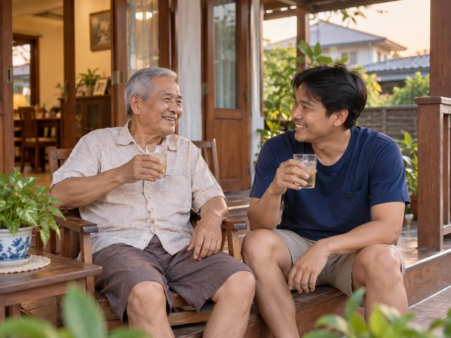 ชายสูงอายุกับลูกชายนั่งที่ระเบียงบ้านตอนเย็น ดื่มน้ำเปล่าและน้ำสมุนไพรในแก้วใสแทนเครื่องดื่มแอลกอฮอล์ ศูนย์ฟื้นฟูคิน KIN