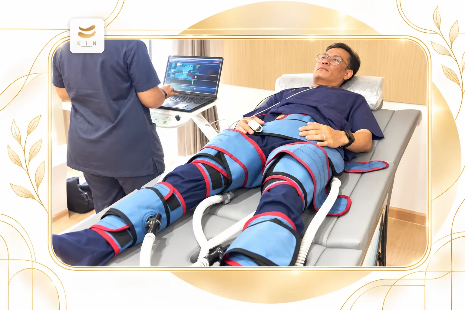 ผู้เข้ารับบริการทำ EECP ปลอกลมบีบไล่เลือดที่ขา Kin Charnn Vascular Center สุขุมวิท 107 ศูนย์ฟื้นฟูคิน KIN ผู้เข้ารับบริการทำ EECP ปลอกลมบีบไล่เลือดที่ขา Kin Charnn Vascular Center สุขุมวิท 107 ศูนย์ฟื้นฟูคิน KIN