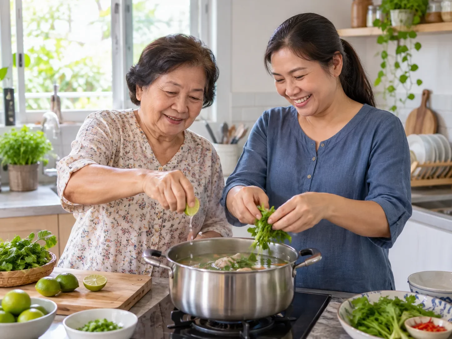 หญิงวัยกลางคนกับแม่สูงอายุช่วยกันทำอาหารในครัวบ้าน บีบมะนาวและใส่สมุนไพรสดลงในหม้อต้ม แทนการเติมน้ำปลา ศูนย์ฟื้นฟูคิน KIN