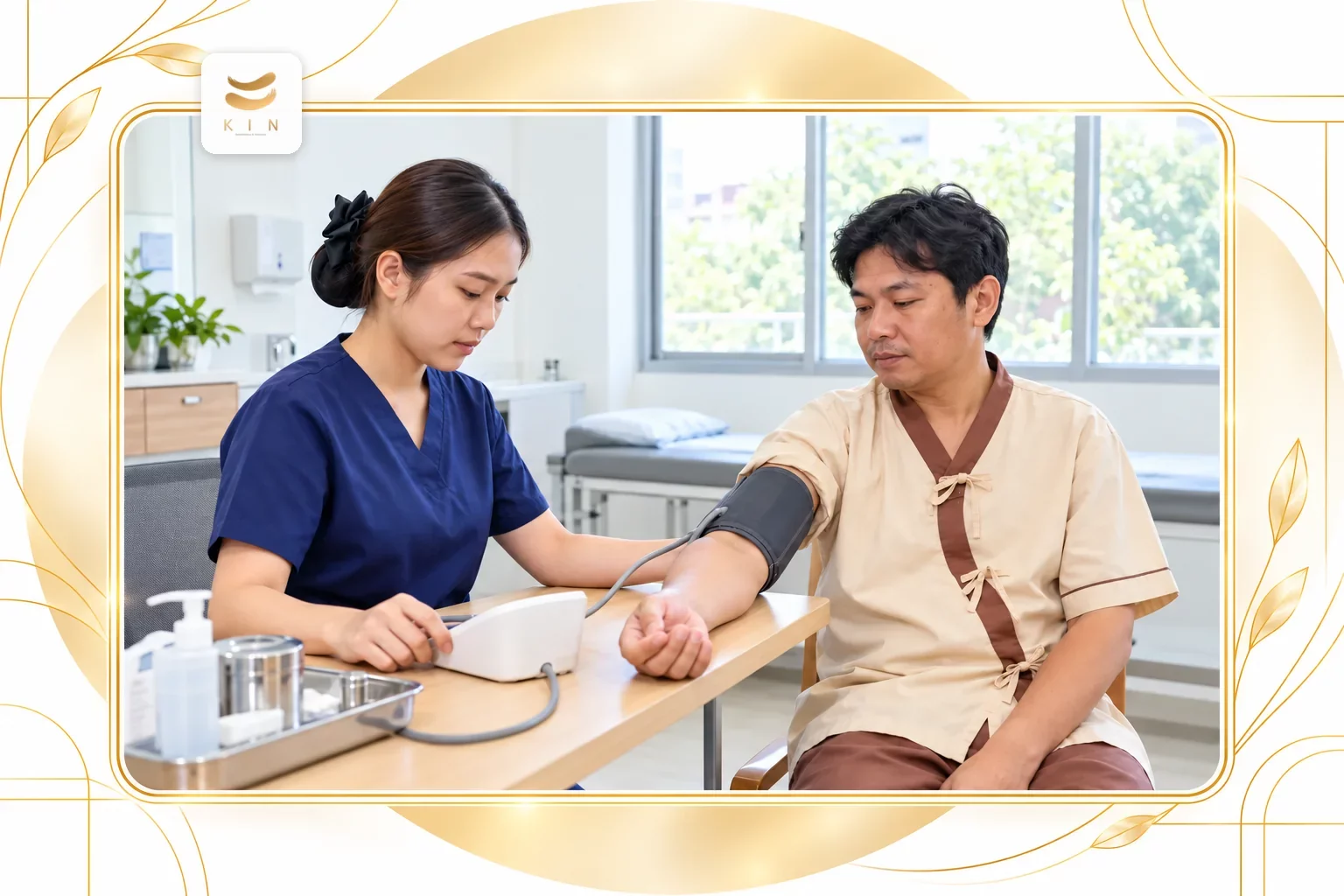 แพทย์วัดความดันโลหิตและซักประวัติปัจจัยเสี่ยงหลอดเลือดก่อนพิจารณาส่งตรวจ แพทย์วัดความดันโลหิตและประเมินปัจจัยเสี่ยงหลอดเลือด doctor blood pressure check vascular risk assessment ศูนย์ฟื้นฟูคิน KIN