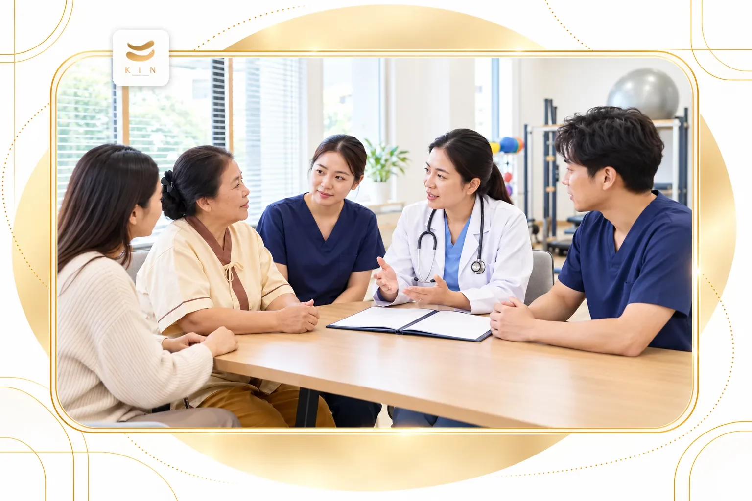 แพทย์และทีมสหวิชาชีพอธิบายผลตรวจหลอดเลือดให้ครอบครัว — ประกอบหัวข้อ “รายงานผลบอกอะไรบ้าง” · ภาพประกอบจากภาพจริงของ KIN Rehabilitation
