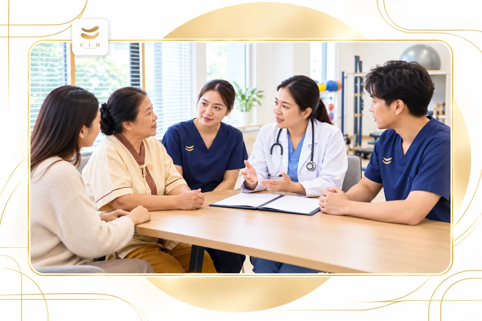 แพทย์และทีมสหวิชาชีพอธิบายผลตรวจหลอดเลือดให้ครอบครัว — ประกอบหัวข้อ “KIN มองเรื่องนี้อย่างไร” · ภาพประกอบจากภาพจริงของ KIN Rehabilitation