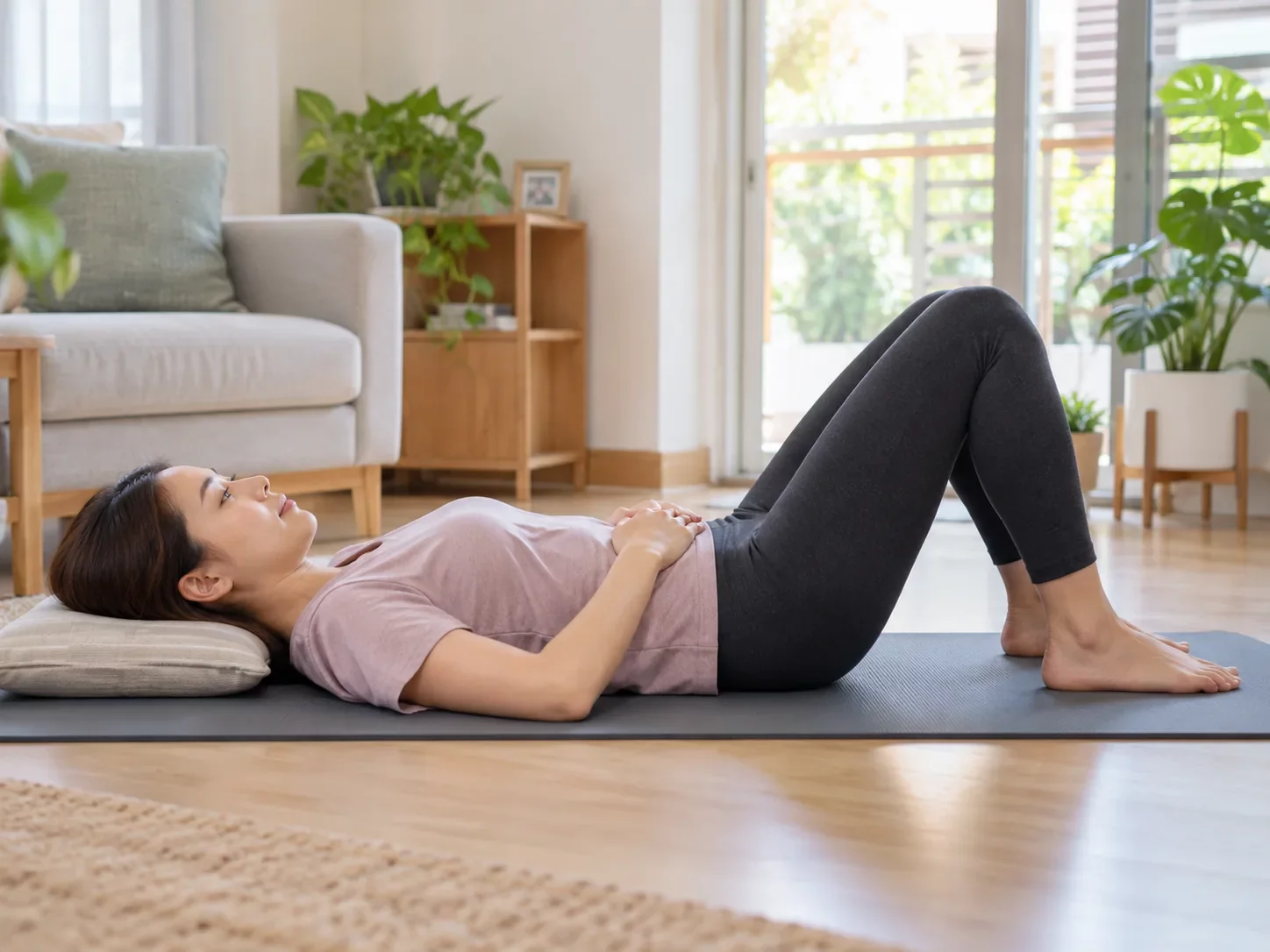 หญิงวัยทำงานนอนหงายชันเข่าบนเสื่อในห้องนั่งเล่น วางมือบนท้อง ฝึกท่า Pelvic Tilt ศูนย์ฟื้นฟูคิน KIN