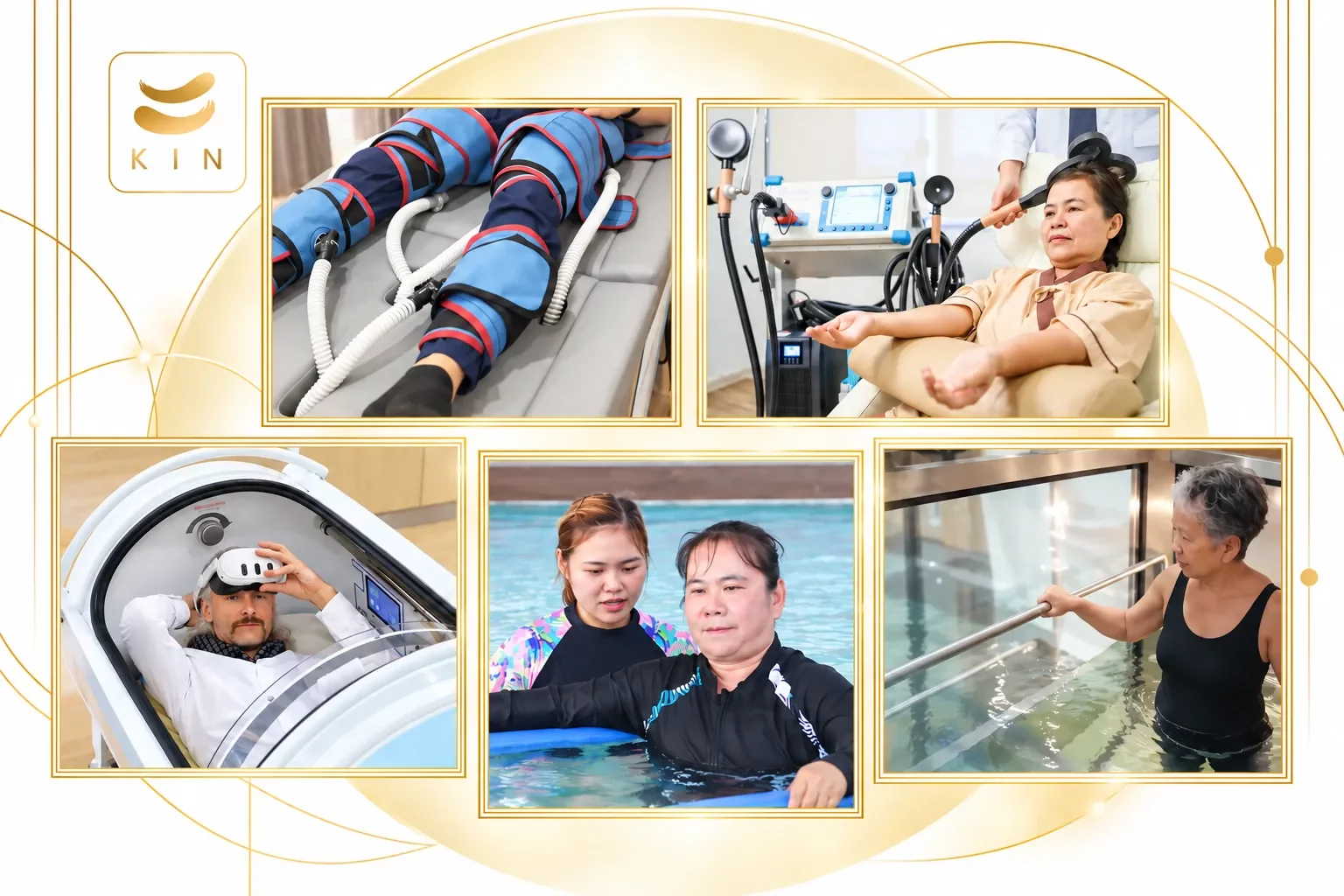 เทคโนโลยีฟื้นฟูโรคหลอดเลือดสมองของ KIN: EECP TMS HBOT สระธาราบำบัดน้ำอุ่น ลู่วิ่งใต้น้ำ ภาพประกอบจากภาพจริง