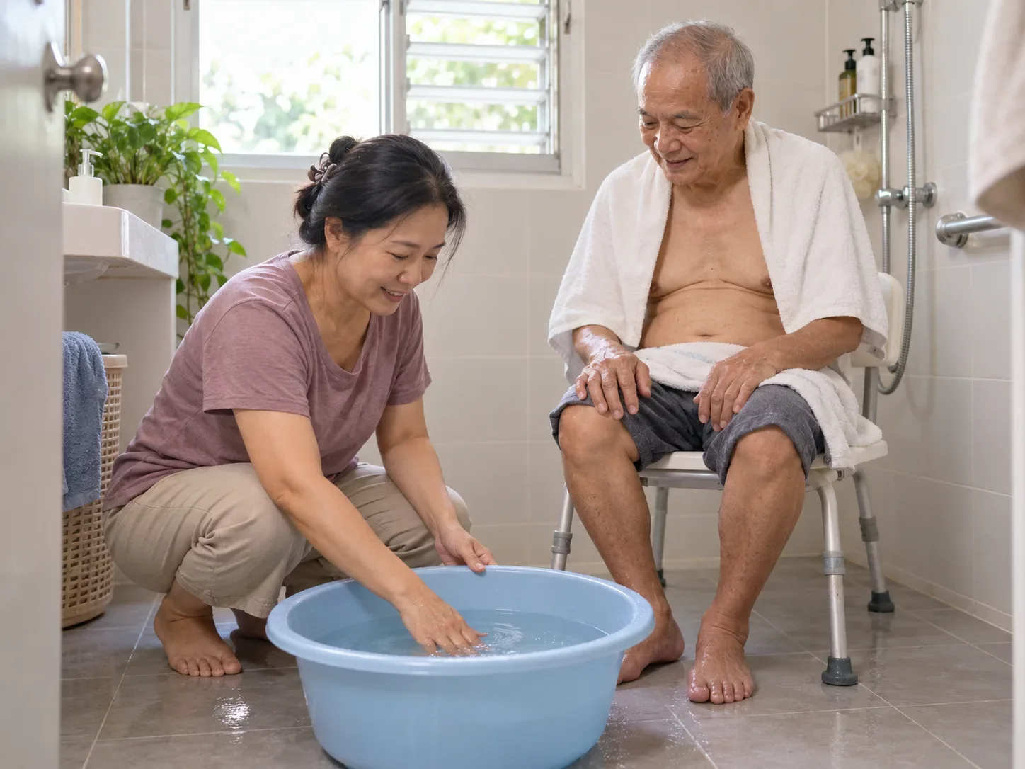 หญิงวัยกลางคนในห้องน้ำบ้านใช้มือทดสอบอุณหภูมิน้ำในขันก่อนช่วยพ่อสูงอายุที่นั่งบนเก้าอี้อาบน้ำ ศูนย์ฟื้นฟูคิน KIN หญิงวัยกลางคนในห้องน้ำบ้านใช้มือทดสอบอุณหภูมิน้ำในขันก่อนช่วยพ่อสูงอายุที่นั่งบนเก้าอี้อาบน้ำ ศูนย์ฟื้นฟูคิน KIN