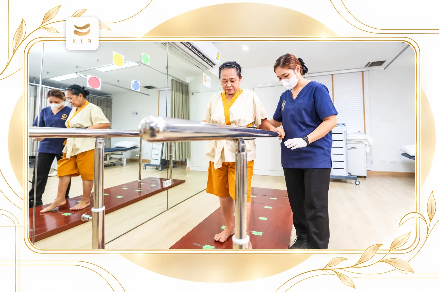 Stroke rehabilitation - KIN physiotherapist practising walking at the parallel bars - illustration from a real KIN photo
