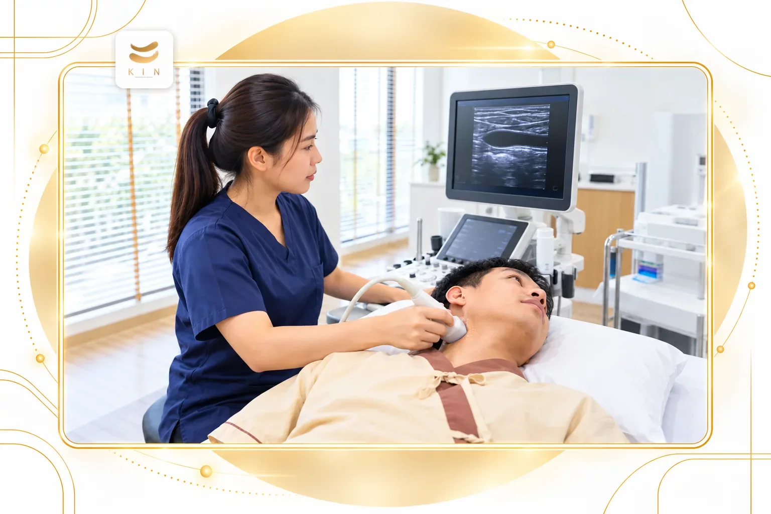 จอแสดงผลการตรวจ carotid duplex ultrasound หลอดเลือดแดงที่คอ ประเมินคราบไขมันและเปอร์เซ็นต์การตีบ ศูนย์ฟื้นฟูคิน KIN