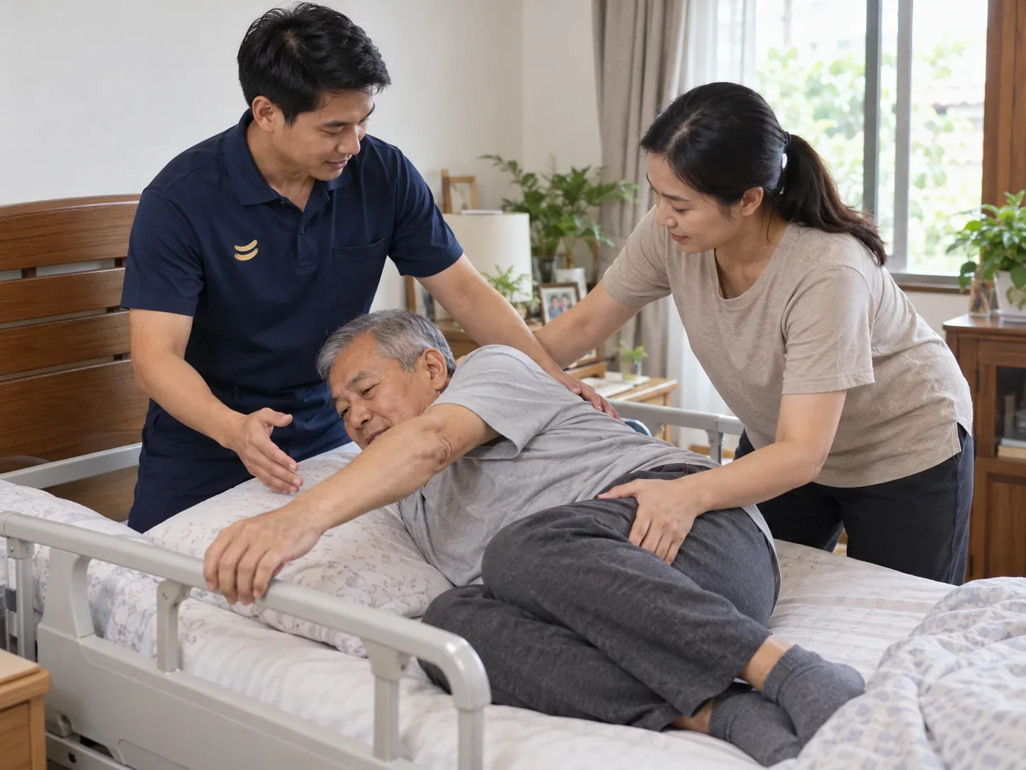 นักกายภาพบำบัดชายสาธิตให้ลูกสาวช่วยคุณพ่อสูงวัยพลิกตะแคงตัวบนเตียงผู้ป่วยโดยให้ชันเข่าก่อน ศูนย์ฟื้นฟูคิน KIN