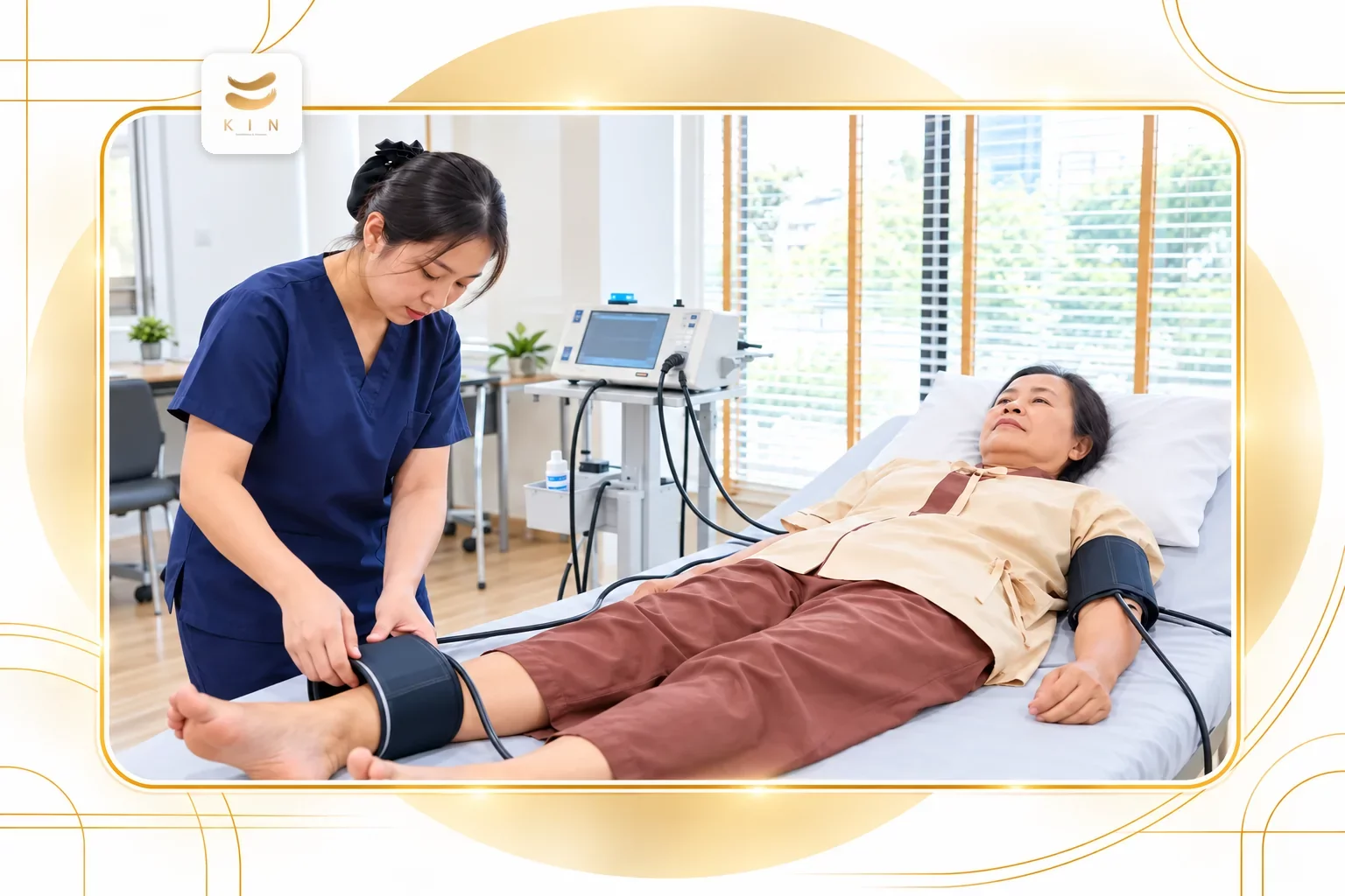 การตรวจ ABI วัดหลอดเลือดแดงส่วนปลายที่ข้อเท้า — ประกอบหัวข้อ “เวลเนสแบบไหนที่วัดผลได้จริง” · ภาพประกอบจากภาพจริงของ KIN Rehabilitation