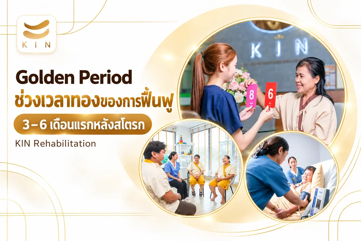 Golden Period ช่วงเวลาทองของการฟื้นฟู — 3–6 เดือนแรกหลังสโตรก | Golden Period คืออะไร — นิยามที่ชัดเจนที่สุด | ภาพประกอบจากภาพจริงของ KIN Rehabilitation: ฝึกรายบุคคล · กิจกรรมบำบัดกลุ่ม · พยาบาลดูแลข้างเตียง