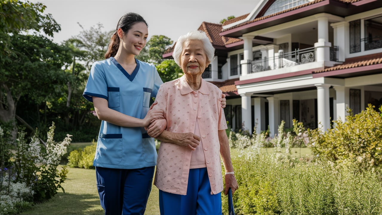 KIN older-adult room with electric bed and nurse-call system; compare suitability with the home environment