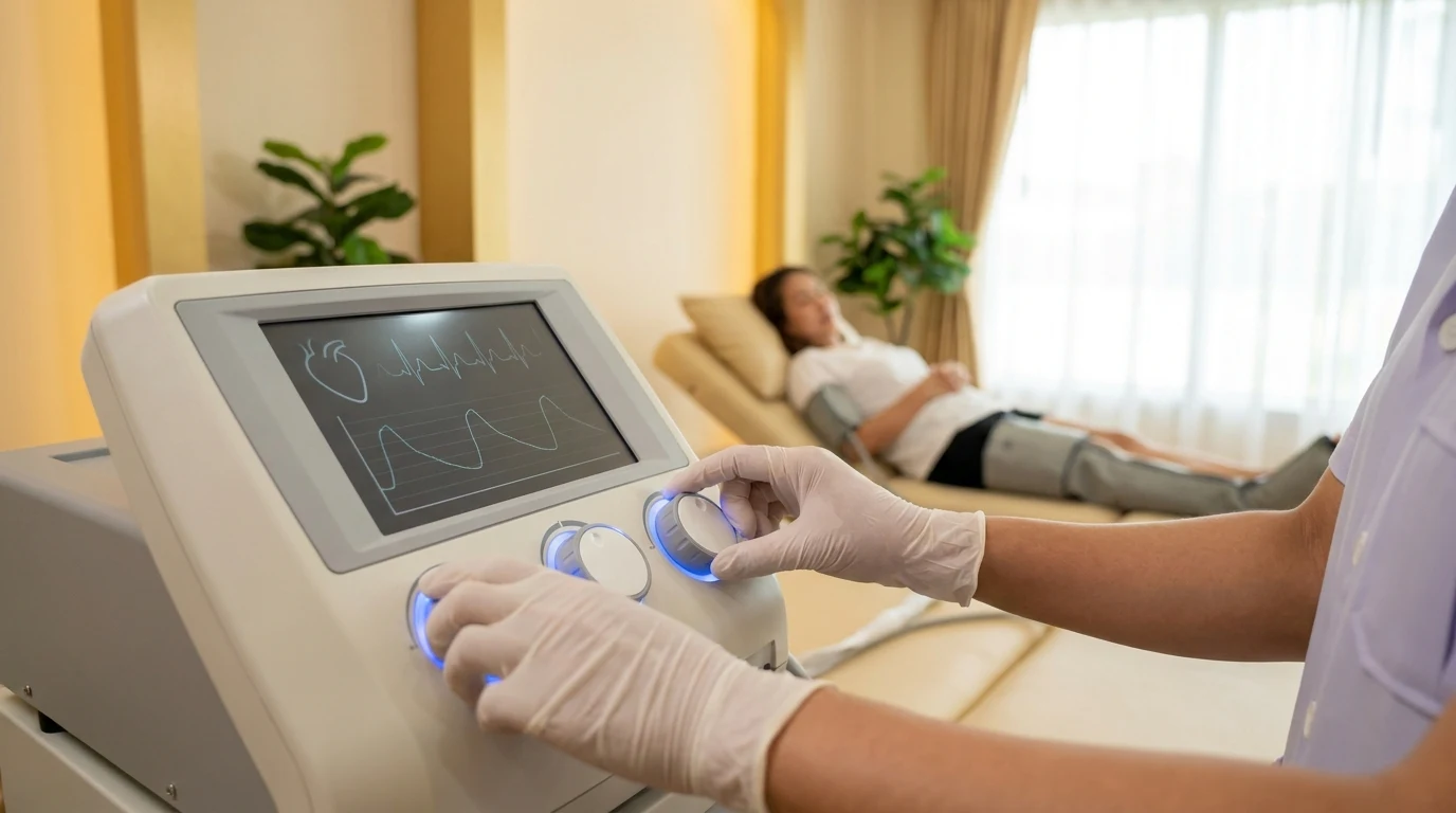 เจ้าหน้าที่ปรับเครื่อง EECP ประสานสัญญาณคลื่นไฟฟ้าหัวใจ ECG ระหว่างการรักษาผู้ป่วย