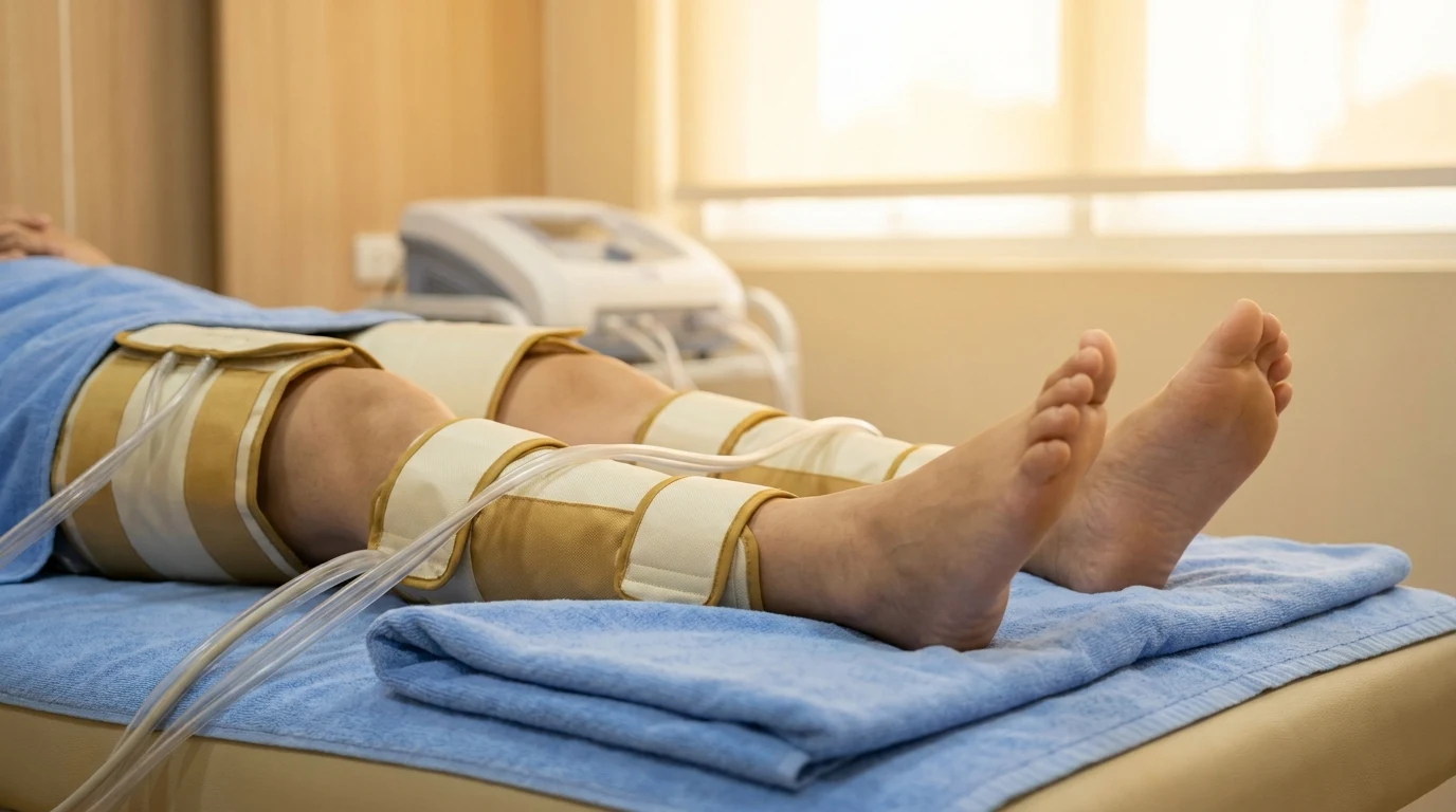 ปลอกลม EECP พันรอบขาผู้ป่วย การรักษา Enhanced External Counterpulsation เพิ่มการไหลเวียนเลือด