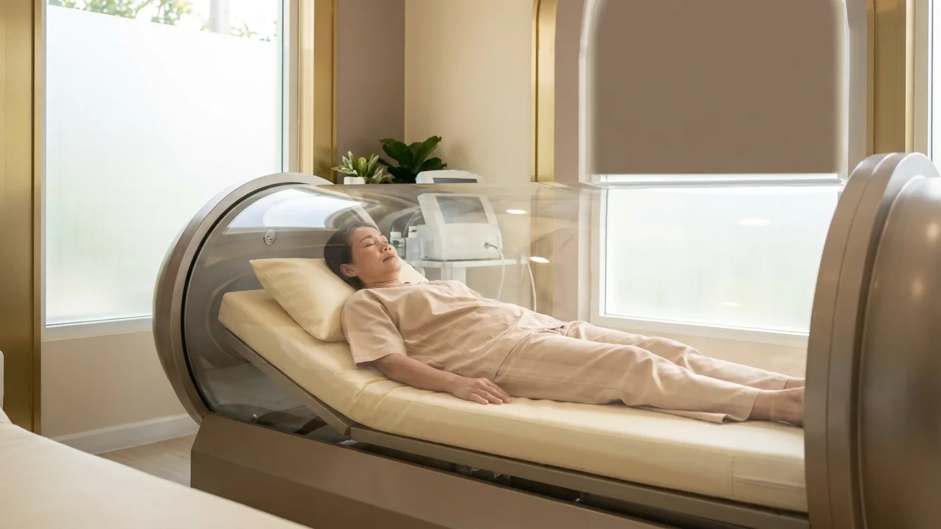 ผู้ป่วยนอนพักผ่อนในห้องปรับความดัน Hyperbaric Oxygen Therapy โทนครีมทอง KIN