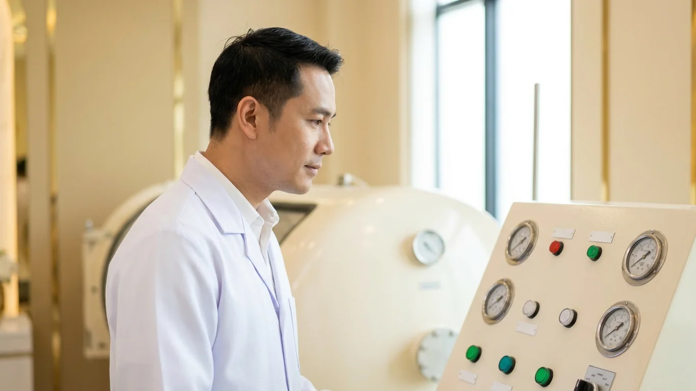 แพทย์ตรวจสอบแผงควบคุมความดันเครื่อง Hyperbaric Oxygen Therapy KIN