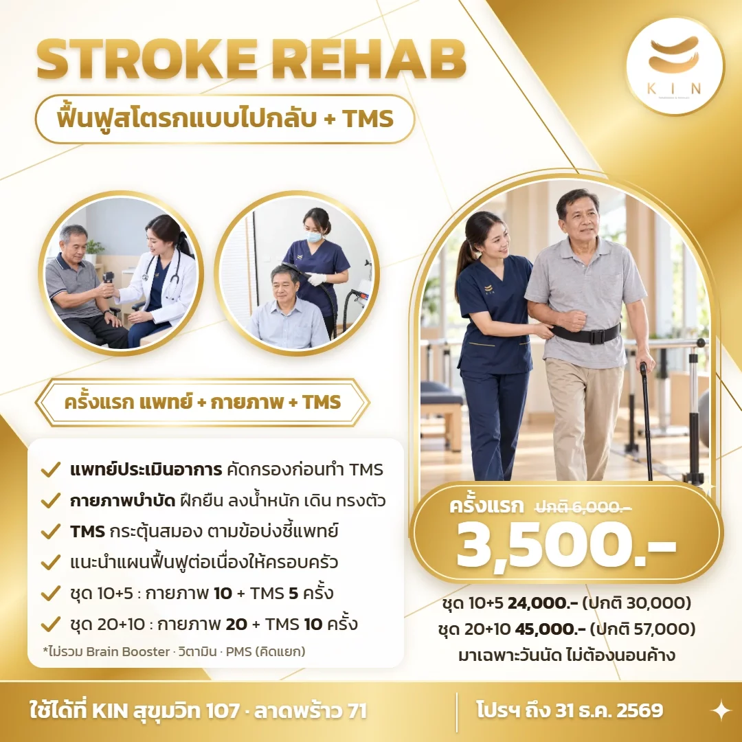 โปสเตอร์โปรโมชั่นฟื้นฟูสโตรกแบบไปกลับ + TMS ครั้งแรก 3,500 บาท แพทย์ประเมิน กายภาพบำบัด TMS ศูนย์ฟื้นฟูคิน KIN สุขุมวิท 107 · ลาดพร้าว 71 | Outpatient stroke rehab with TMS promotion poster